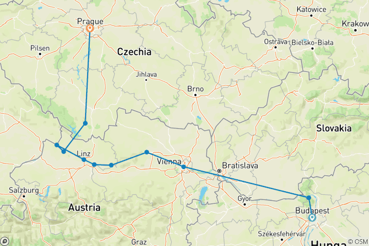 Map of Active & Discovery on the Danube with 1 Night in Budapest & 2 Nights in Prague with Sister Hazel (Westbound)