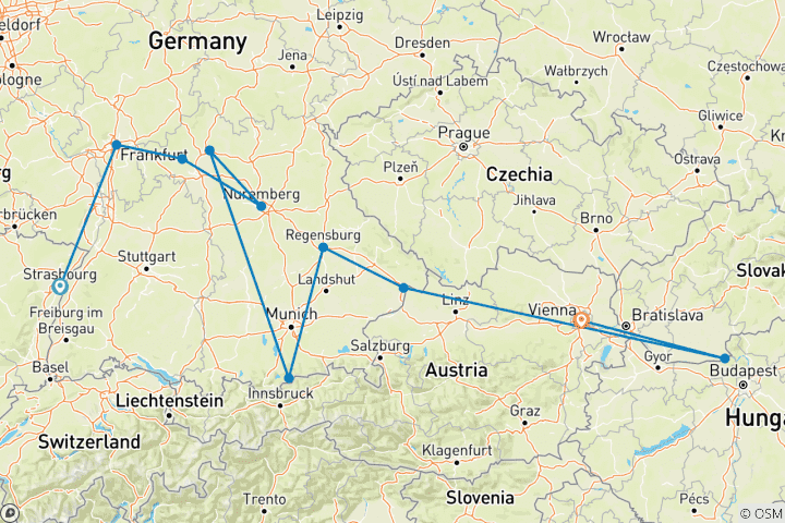 Karte von Das Herz Europas vom Rhein zur Donau Kreuzfahrt (von Hafen zu Hafen)