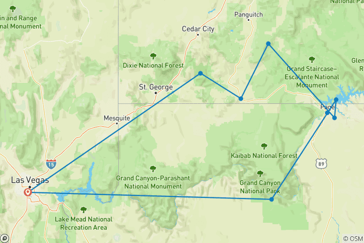 Carte du circuit USA - Les déserts de l'Ouest - 3 jours
