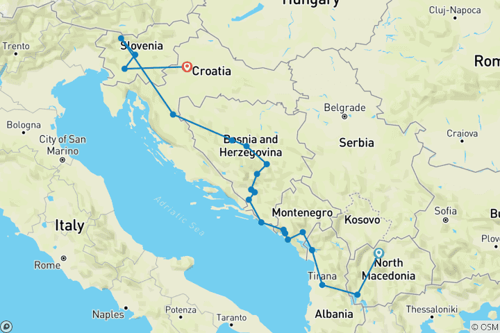 Carte du circuit Découverte des Balkans : expédition culturelle de 12 jours