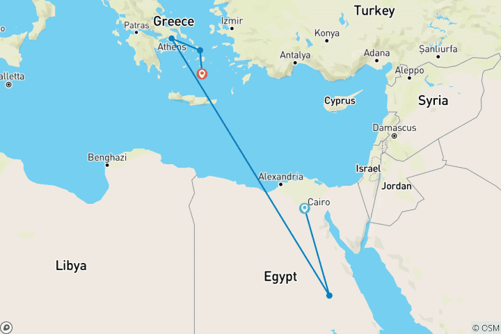 Map of 18 Days Egypt and Athens W/Weeks Nile Cruise