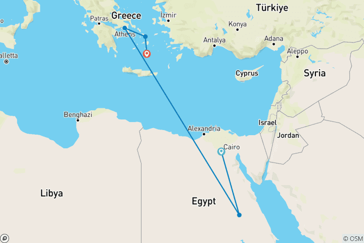 Carte du circuit 17 jours Égypte et Athènes avec semaine de croisière sur le Nil