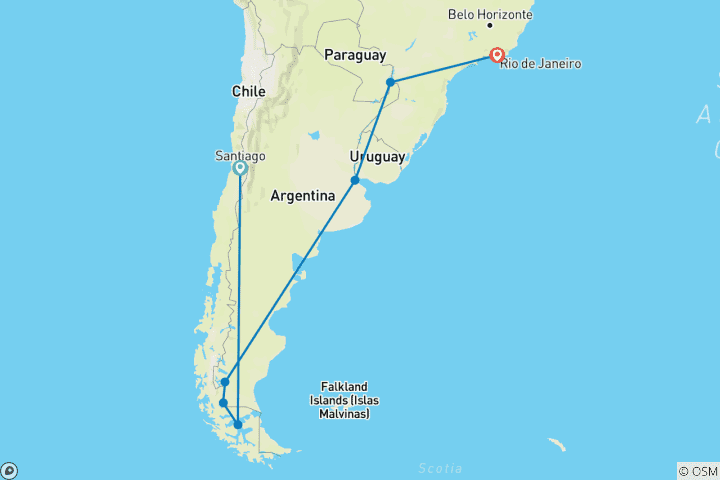 Carte du circuit L'Amérique du Sud : Glaciers, chutes d'eau et merveilles du monde