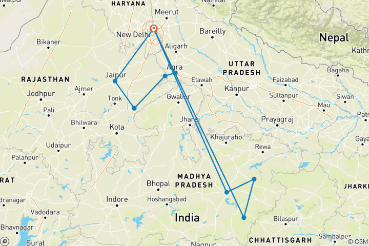 Map of Golden Triangle Tour with Tiger Safari