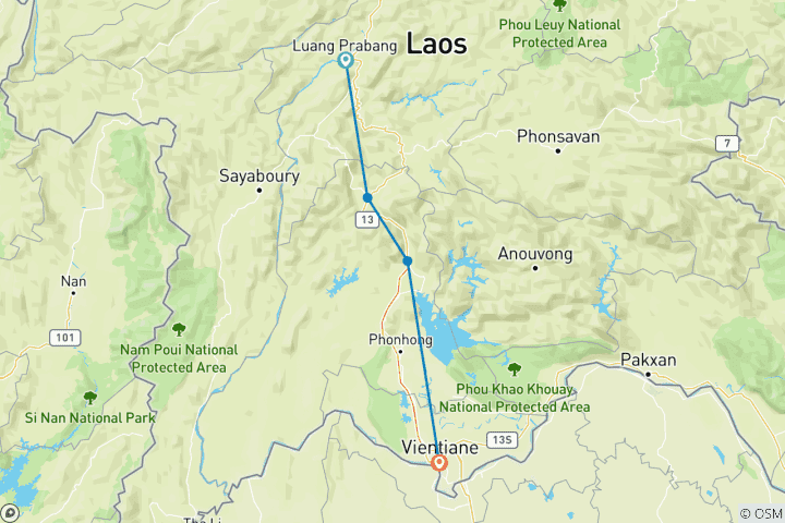 Carte du circuit Laos classique - Luang Prabang à Vientiane à vélo