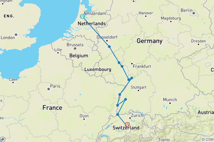 Carte du circuit Rhin romantique pour les amateurs de vin avec 2 nuits à Lucerne (vers le sud) 2025