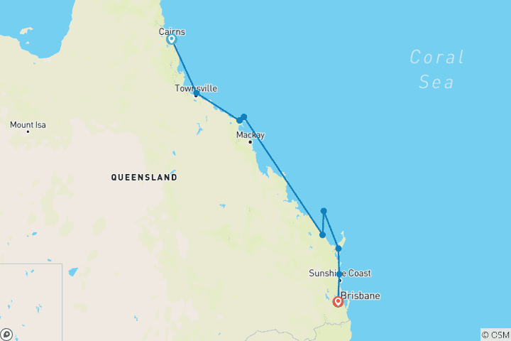 Map of Cairns to Brisbane: 12 Day Cassowary Select Tour (twin/double accomm)