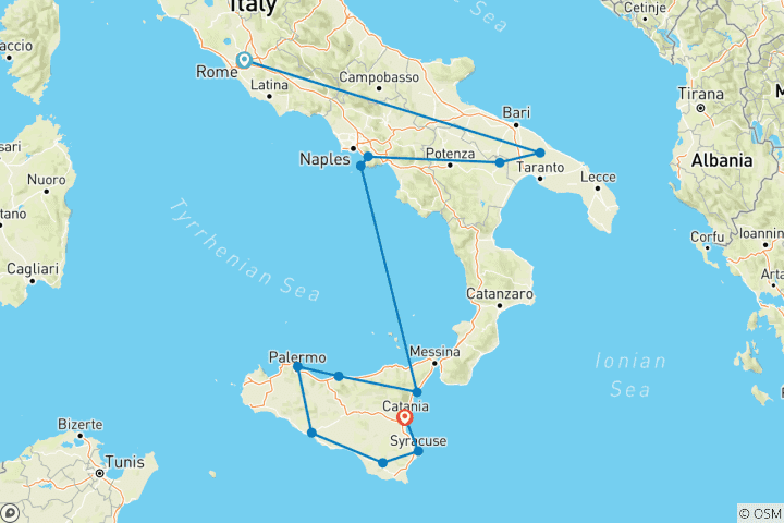 Mapa de Carreteras nacionales del sur de Italia y Sicilia - clásico, 15 días