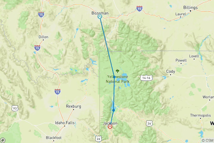 Carte du circuit 5 jours - Parc national de Yellowstone et Grand Teton en profondeur - en hôtel