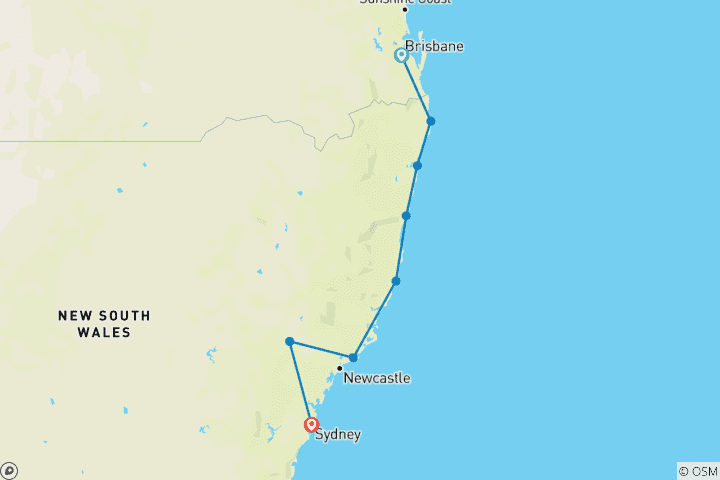 Map of Brisbane to Sydney: 8 Day Galah Select Tour (twin/double accomm)