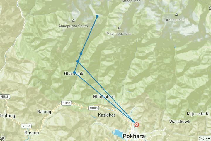 Map of Annapurna Base Camp Trek- 7 days from Pokhara to Pokhara (Private tour)