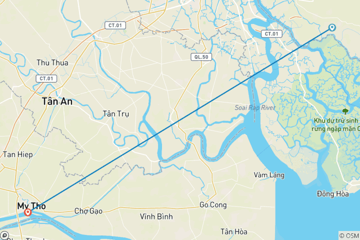 Mapa de Delta del Mekong y túneles de Cu Chi en bicicleta 2 días con estancia en familia