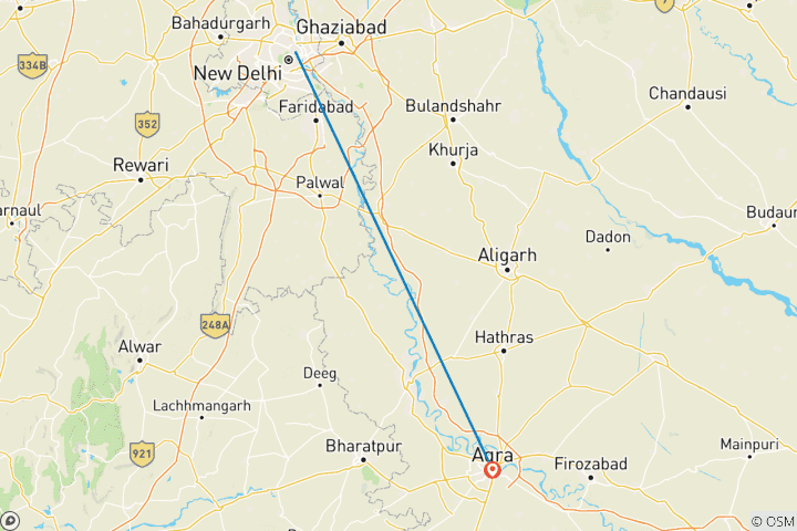 Carte du circuit Transfert privé aller simple Jaipur/Agra