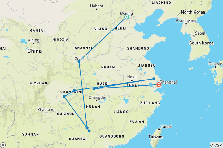 Carte du circuit Le meilleur de la Chine avec le Yangtze (privé sur mesure)