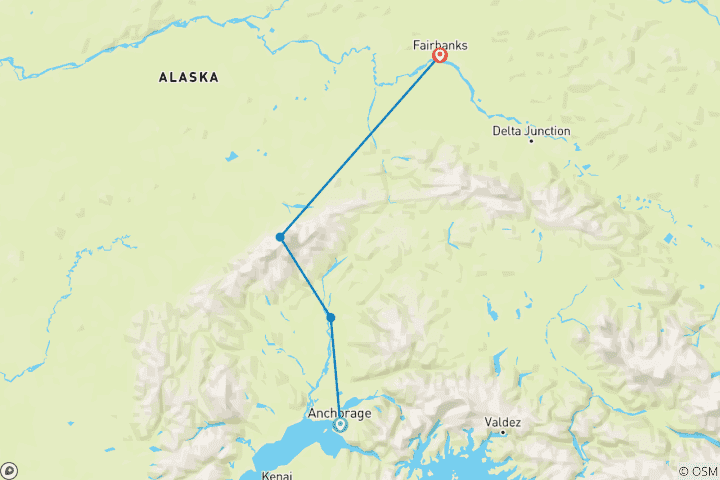 Map of Alaska Northern Lights and Snowshoe Tour Northbound