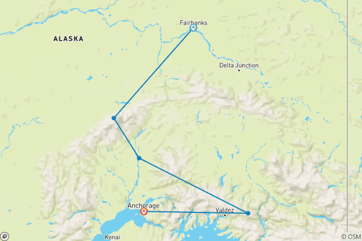 Map of Alaska Snowshoe and Northern Lights Tour Southbound