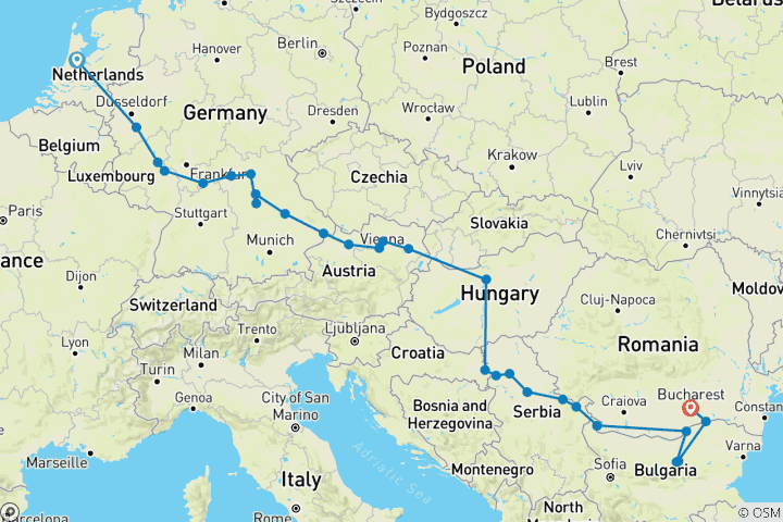 Map of Iconic Rivers of Europe - the Rhine, Main & Danube with 1 Night in Bucharest 2025