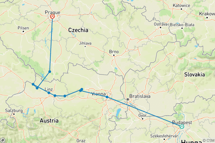 Map of Active & Discovery on the Danube with 1 Night in Budapest & 2 Nights in Prague (Westbound) 2025