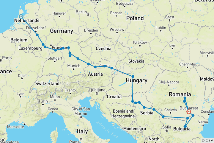 Karte von Ikonische Flüsse Europas - Rhein, Main und Donau mit Bukarest und Transsilvanien