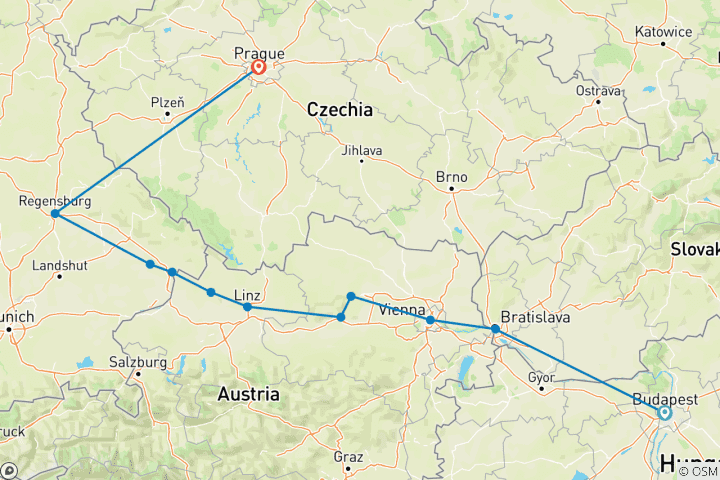 Carte du circuit Rêves du Danube avec 2 nuits à Prague pour les amateurs de vin ( en direction de l'ouest) 2025