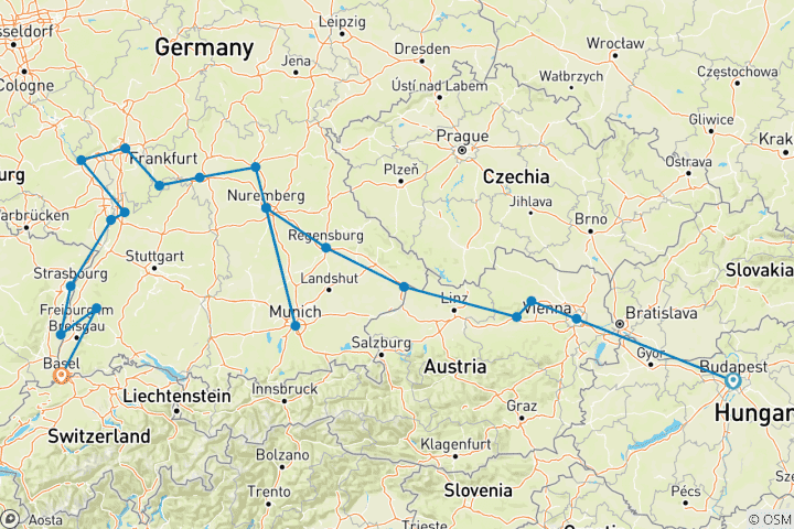 Map of Christmastime from Budapest to Basel with 2 Nights in Budapest 2025