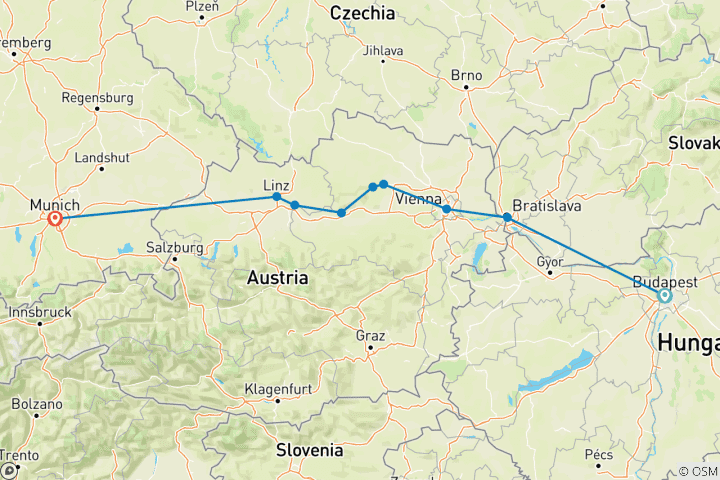 Carte du circuit La Symphonie du Danube avec 2 nuits à Munich (en direction de l'ouest) 2025