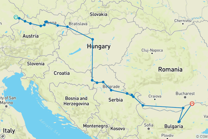 Karte von Die Donau von Deutschland bis Rumänien