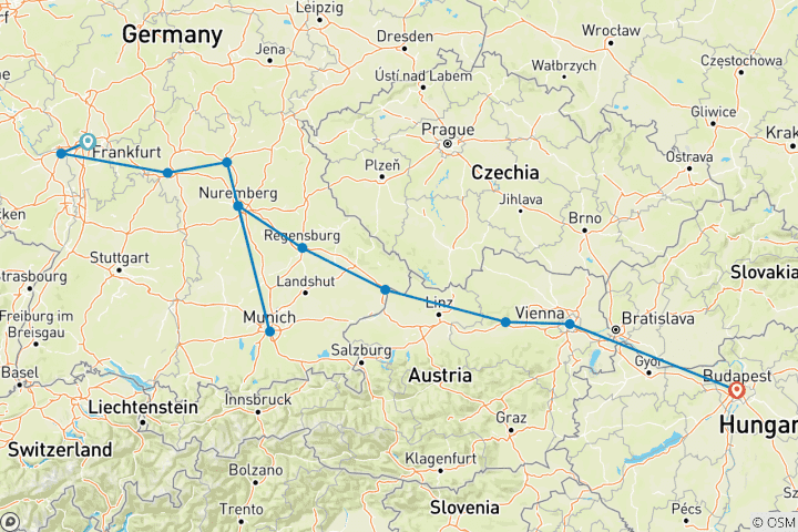 Map of Christmastime from Frankfurt to Budapest 2025