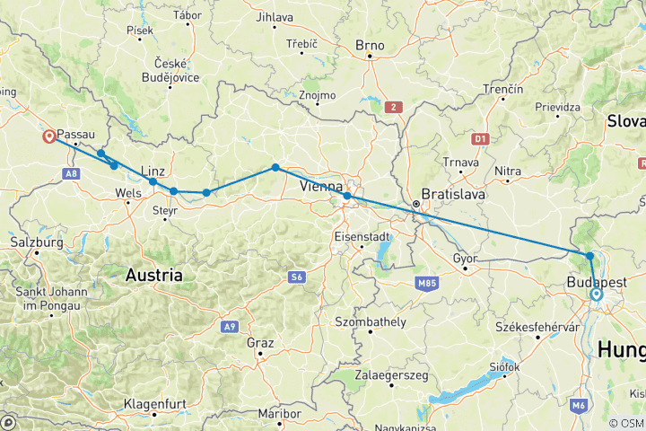 Map of Active & Discovery on the Danube with 1 Night in Budapest (Westbound) 2025