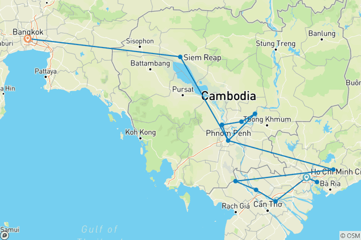 Kaart van Fascinerend Vietnam, Cambodja & de Mekongrivier – met Bangkok – noordwaarts – 2025