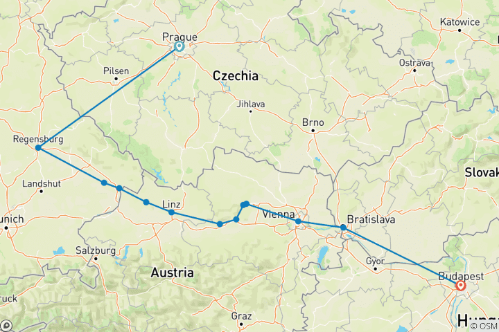 Carte du circuit Les rêves du Danube pour les amateurs de vin avec 2 nuits à Prague (en direction de l'est) 2025