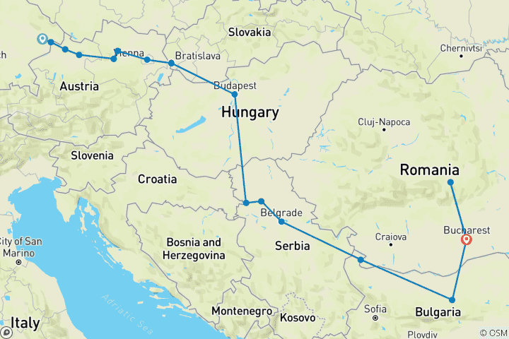 Map of The Danube from Germany to Romania with 1 Night in Bucharest and 2 Nights in Transylvania 2025