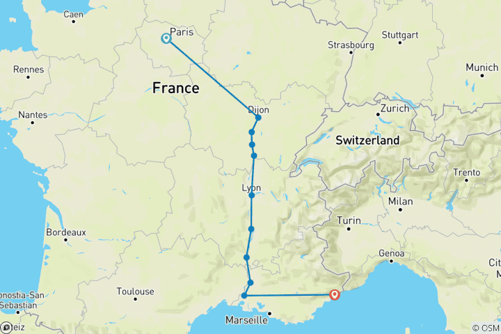 Map of Burgundy & Provence with 2 Nights in Paris & 2 Nights in French Riviera (Southbound) 2025