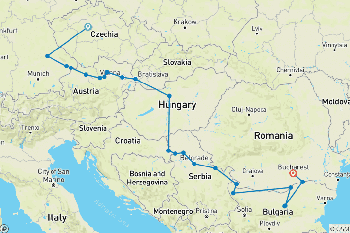 Map of The Danube from Germany to Romania with 2 Nights in Prague and 1 Night in Bucharest 2025