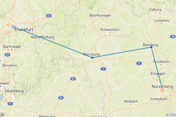 Carte du circuit Les fêtes de fin d'année au cœur de l'Allemagne 2025 (from Francfort-sur-le-Main to Nuremberg)