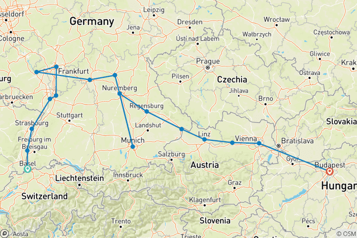 Map of Christmastime from Basel to Budapest 2025