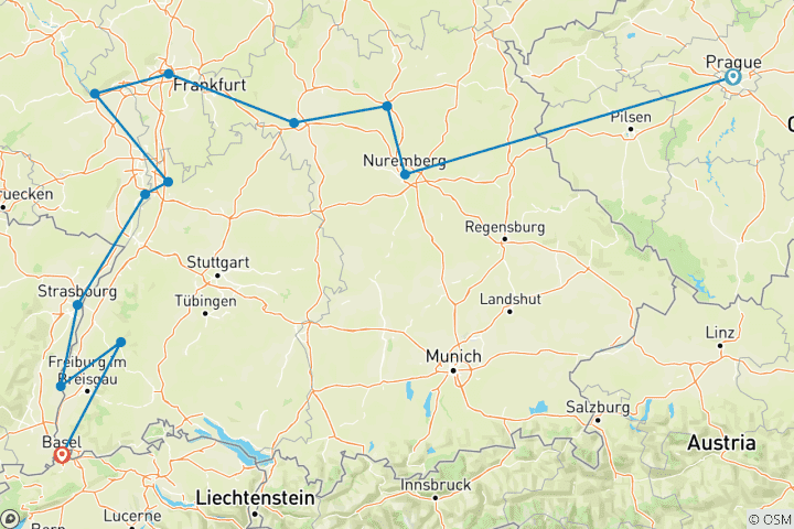 Karte von Weihnachtszeit von Nürnberg nach Basel mit 2 Nächten in Prag