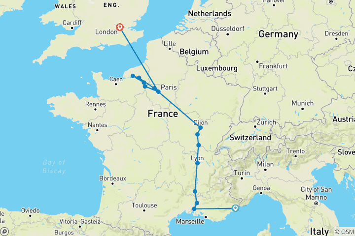 Mapa de Gran Francia con 2 noches en la Costa Azul y 3 noches en Londres (en dirección norte) 2025