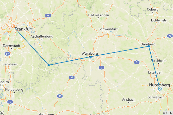 Mapa de Fiestas en el corazón de Alemania 2025 (from Nuremberg to Fráncfort del Meno)