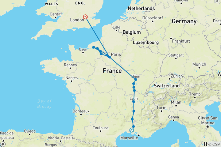 Carte du circuit Grande France avec 3 nuits à Londres pour les amateurs de vin (en direction du nord) 2025