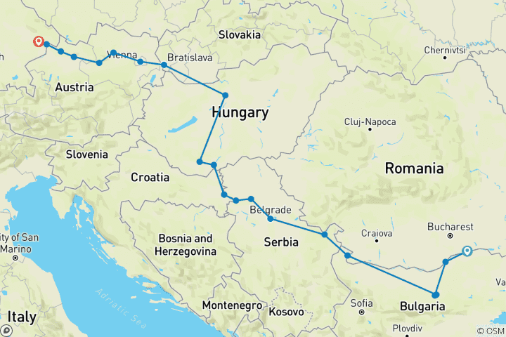 Karte von Die Donau von Rumänien nach Deutschland 2025