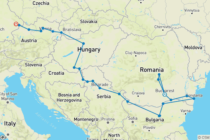 Map of The Danube from Romania to Germany with 1 Night in Bucharest and 2 Nights in Transylvania 2025