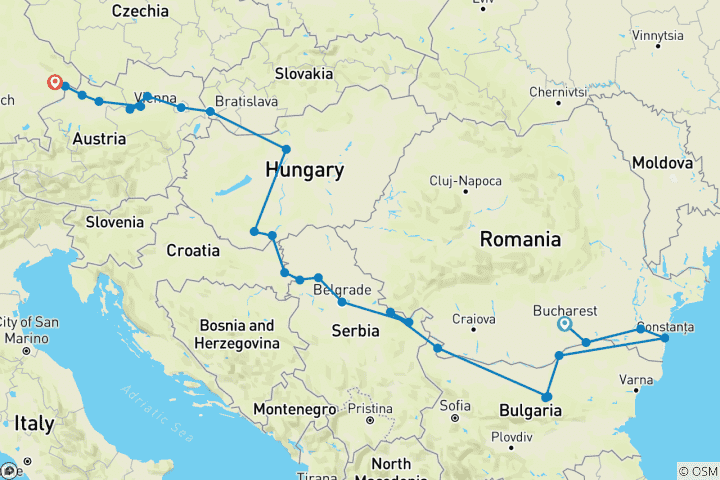 Kaart van De Donau van Roemenië naar Duitslandagenmet 1 nacht in Boekarest