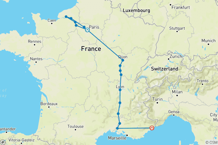 Map of Grand France with 2 Nights in French Riviera (Southbound) 2025