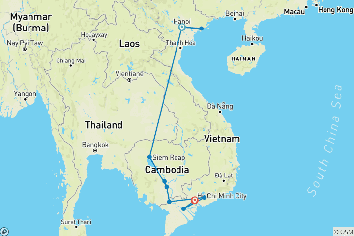 Mapa de Fascinante Vietnam, Camboya y el río Mekong con Hanói y la bahía de Ha Long (en dirección sur) 2025