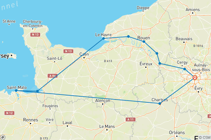 Kaart van Actieve ontdekkingsreis op de Seine – met 2 nachten in Saint-Malo & excursie naar Mont St. Michel – noordwaarts