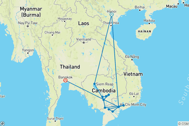 Karte von Faszinierendes Vietnam, Kambodscha und der Mekong River mit Hanoi, Ha Long Bay & Bangkok (Südkurs) 2025