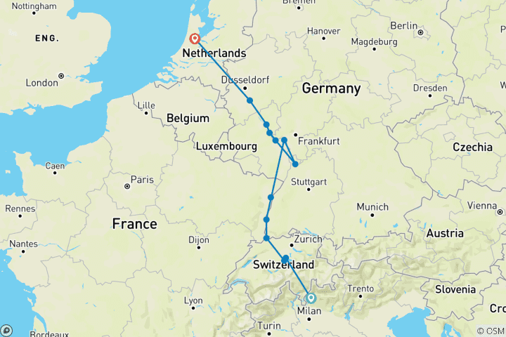 Kaart van Romantische Rijn met Zwitserse Alpen, 3 nachten in het Comomeer & 1 nacht in Luzern (in noordelijke richting) 2025