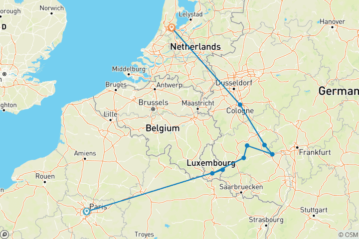 Carte du circuit Rhin et Moselle : canaux, vignobles et châteaux avec 2 nuits à Paris 2025 (from Paris to Amsterdam)