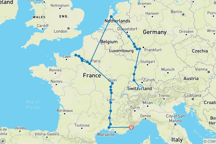 Karte von Europäisches Meisterwerk: Rhein, Seine und Rhône im Überblick mit 2 Nächten in Luzern und 2 Nächten an der Côte d'Azur 2025